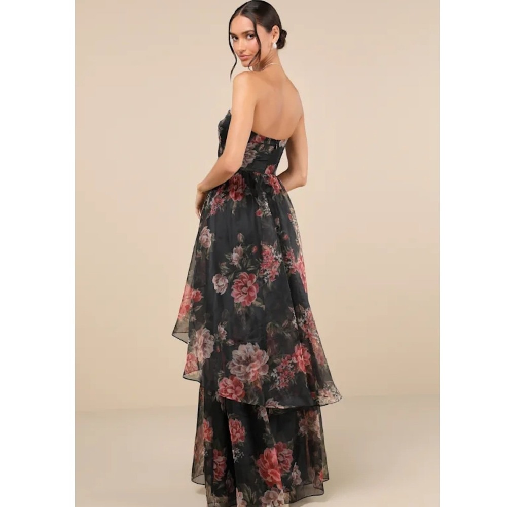 Lulus Truly Extraordinary Black Floral Organza Tiered Strapless Maxi Dress Large - Picture 3 of 10